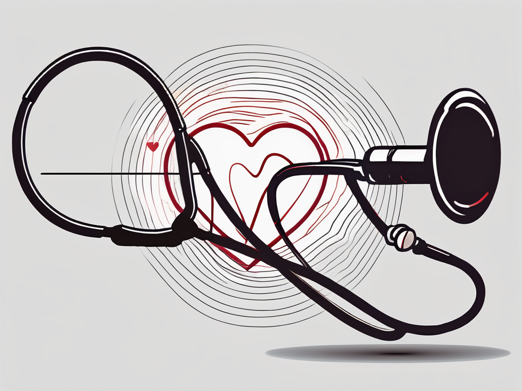 A stethoscope with its bell end magnifying two different types of heartbeats represented by sound waves