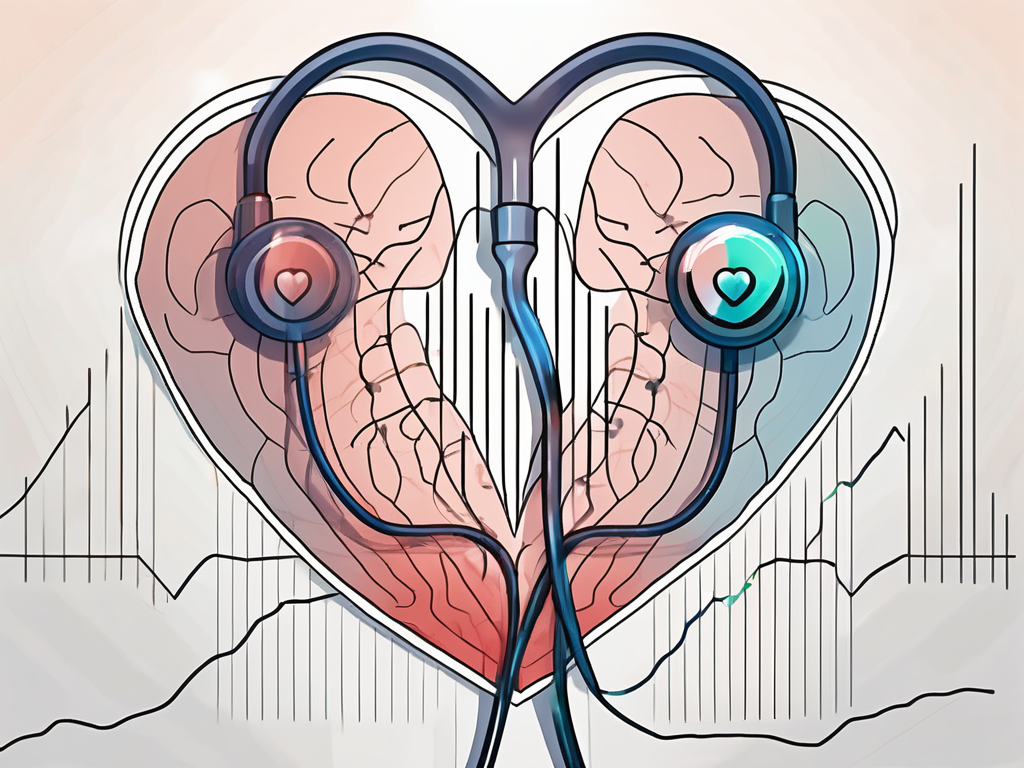 A stethoscope resting on a heart-shaped diagram with sound waves emanating from it